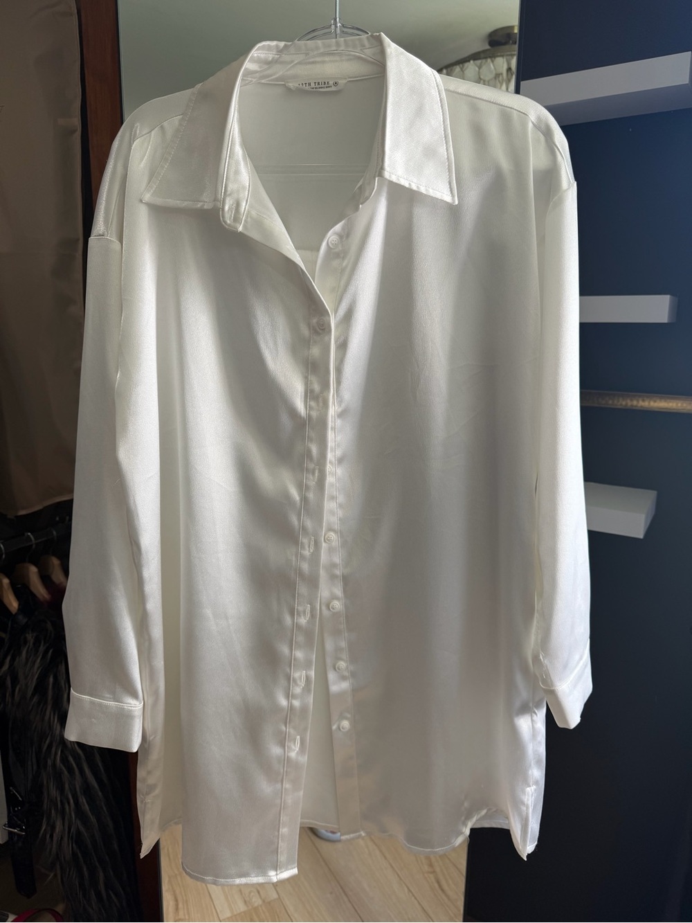 12th Tribe Long Sleeve White Silk-Look Button Shirt Dress